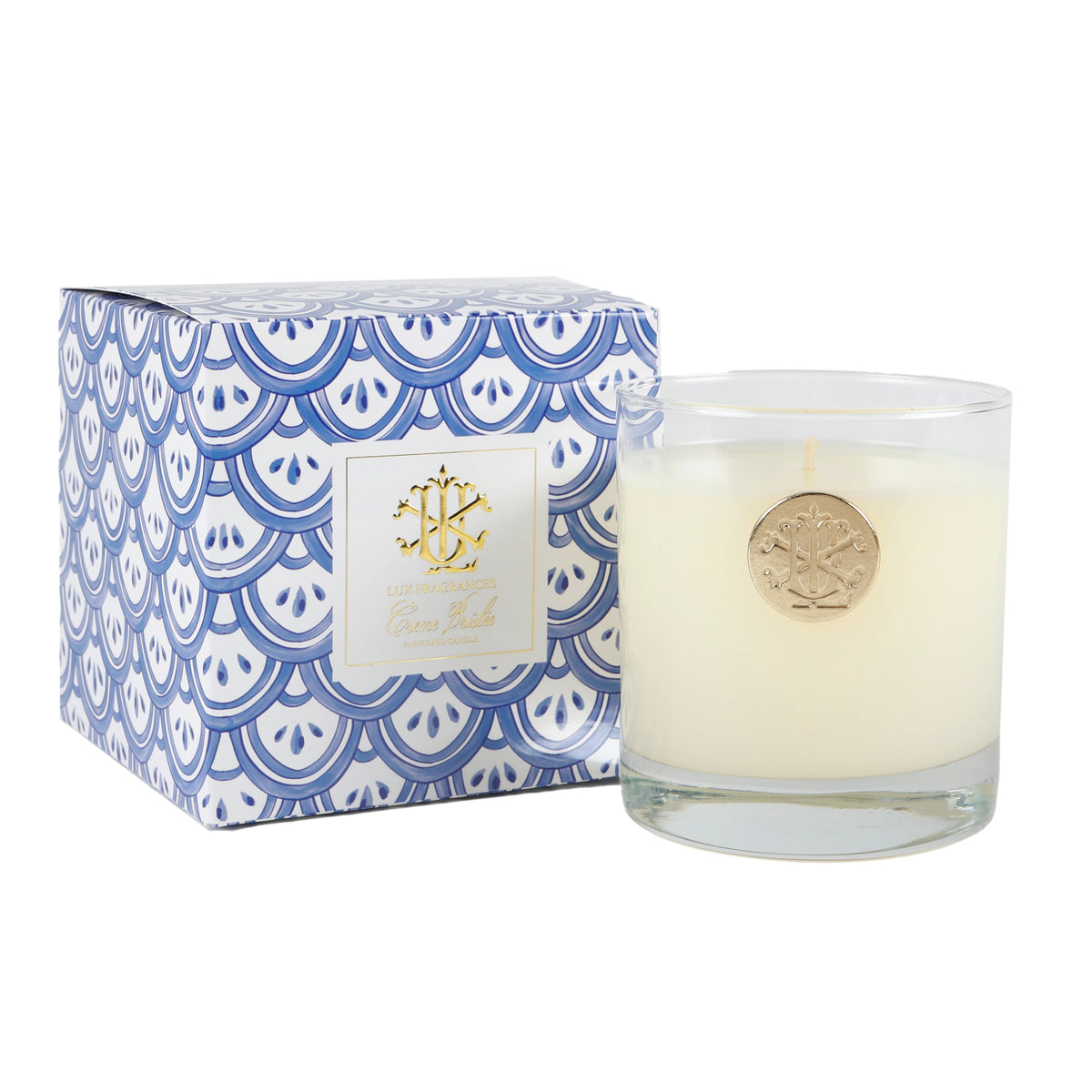 Creme Brulee 8 oz Blue and White Designer Box Candle