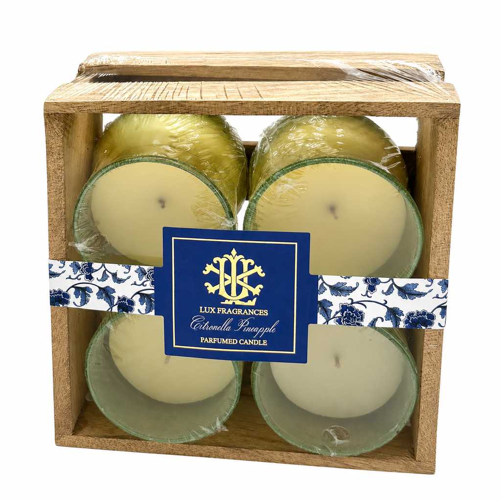 SET OF 4 VOTIVES WITH WOODEN CRATE-CITRONELLA PINEAPPLE