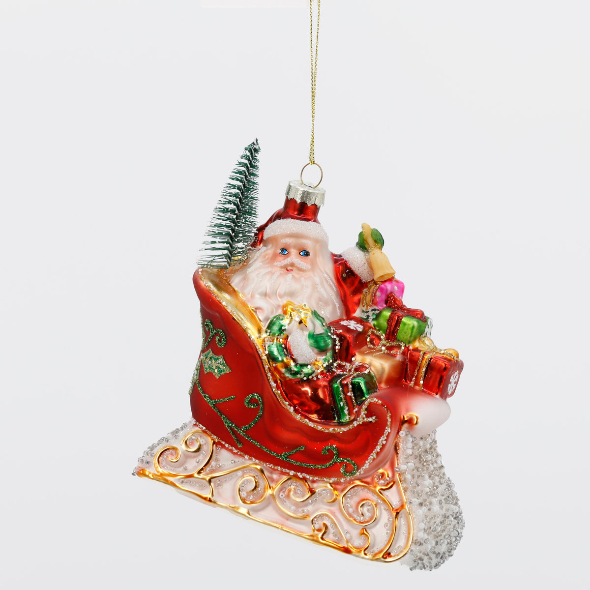 5.5"x4.8"GLASS SANTA ON THE SLEIGH ORN