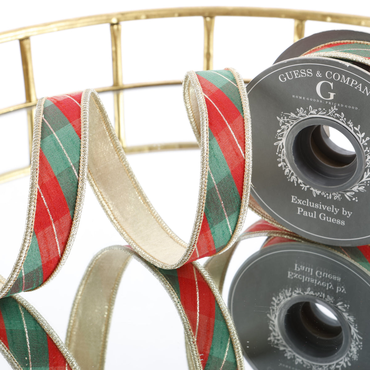 1"X 5 YD RED/GREEN/GOLD DUPION PLAID CHECKS WITH LT GOLD METALLIC DUPION BACK RIBBON