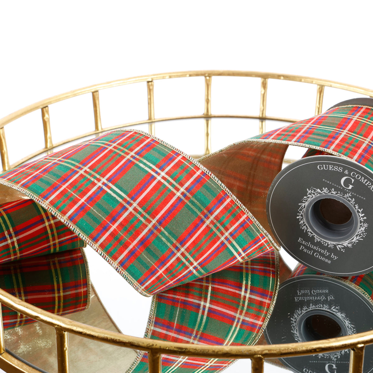 4" X 5 YD RED/GREEN/GOLD CHECK PLAID WITH LT GOLD DUPION BACK RIBBON
