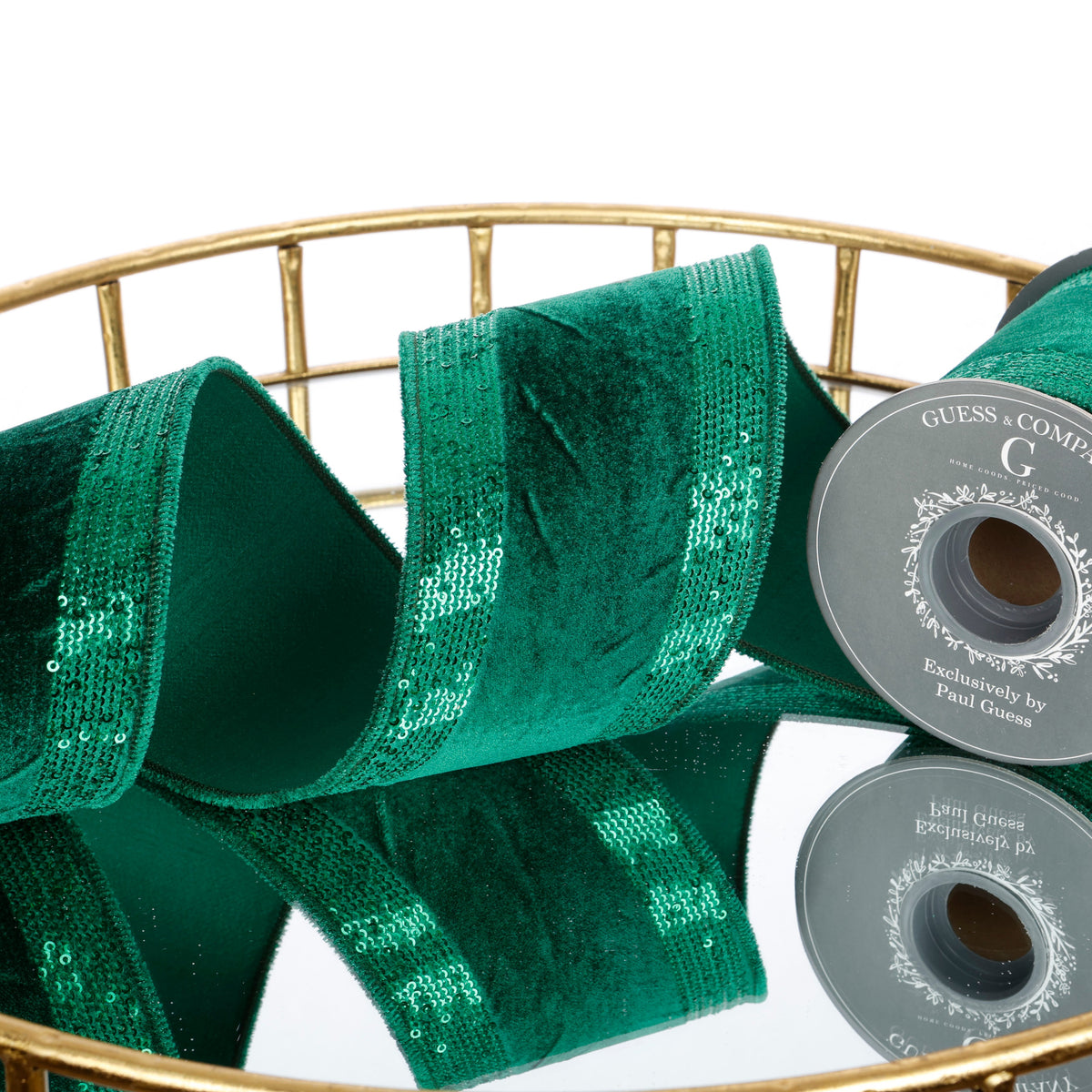 4" X 5 YD SEQ EMB ON EMERALD GREEN VELVET WITH GREEN DUPION BACK RIBBON