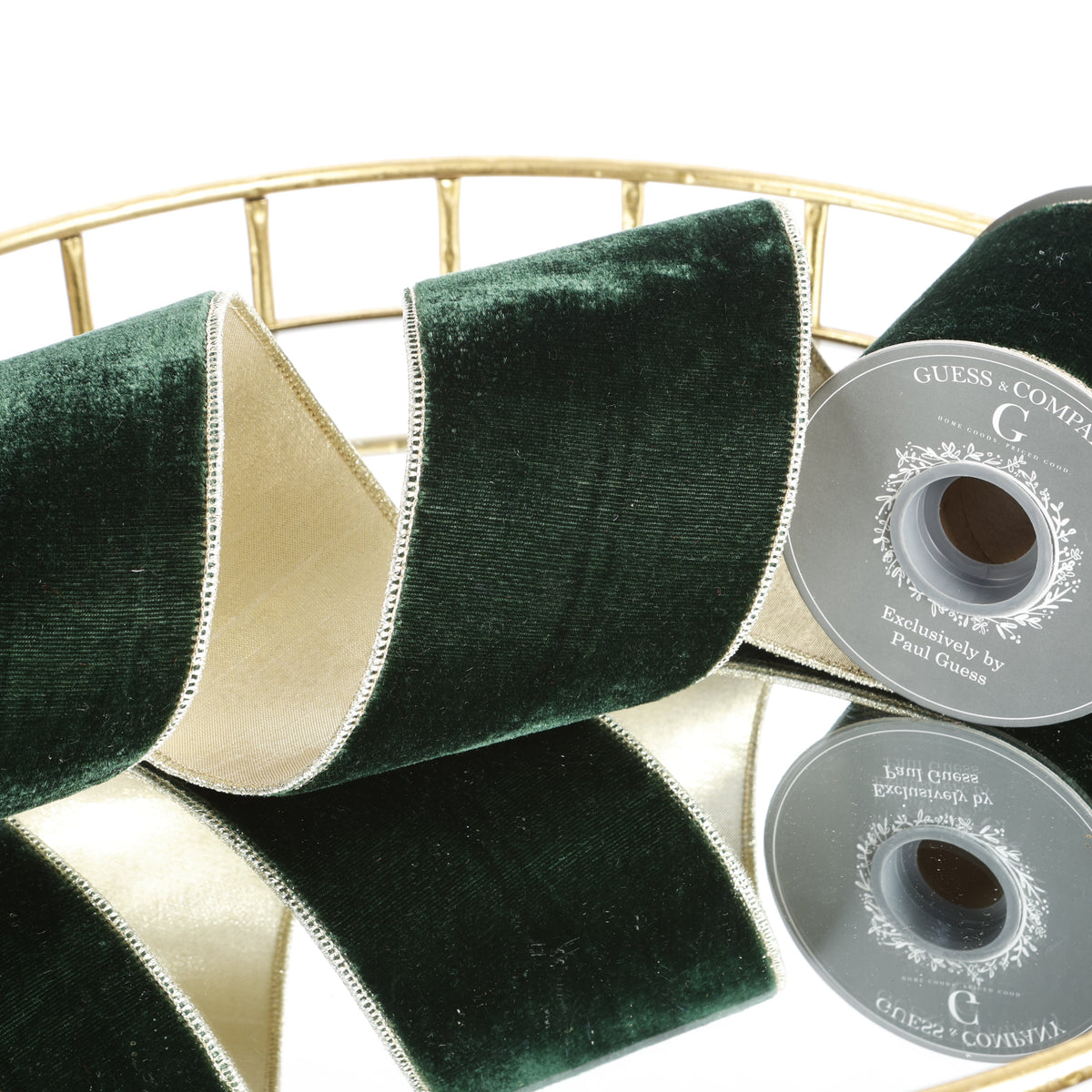 4" X 5 YDS EMERALD GREEN PLUSH VELVET WITH LT GOLD DUPION BACK RIBBON