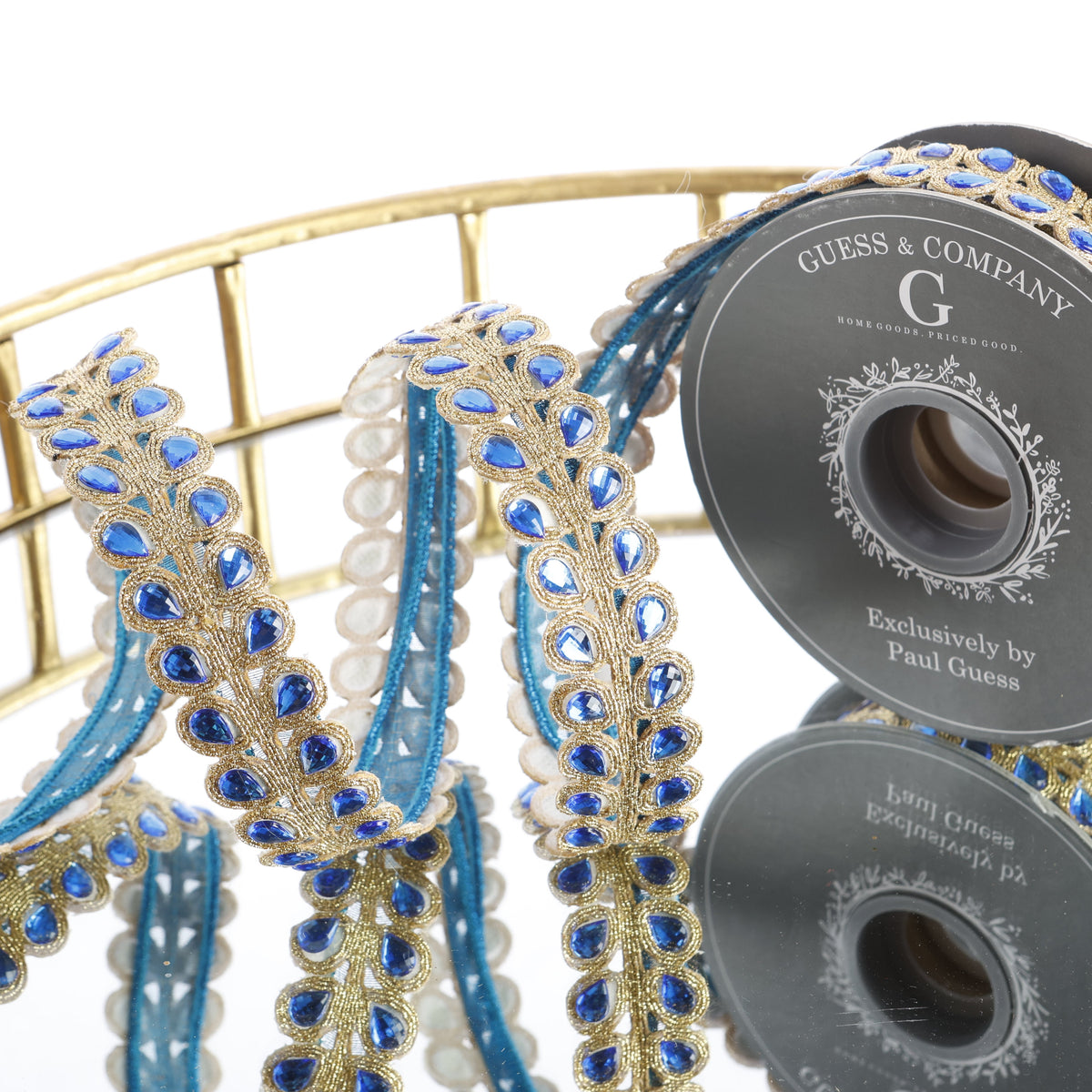 1" BEADED FLORAL EMBROIDER TRIM WITH BLUE STONE RIBBON