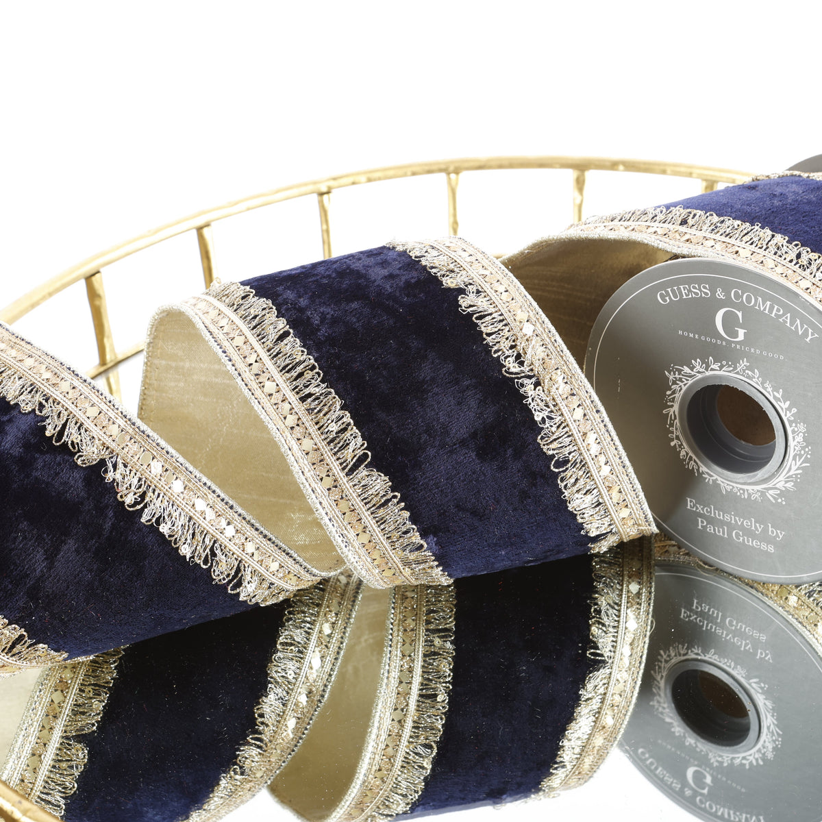 4"X 5 YD TRIM ON NAVY PLUSH VELVET WITH LIGHT GOLD METALLIC DUPION BACK