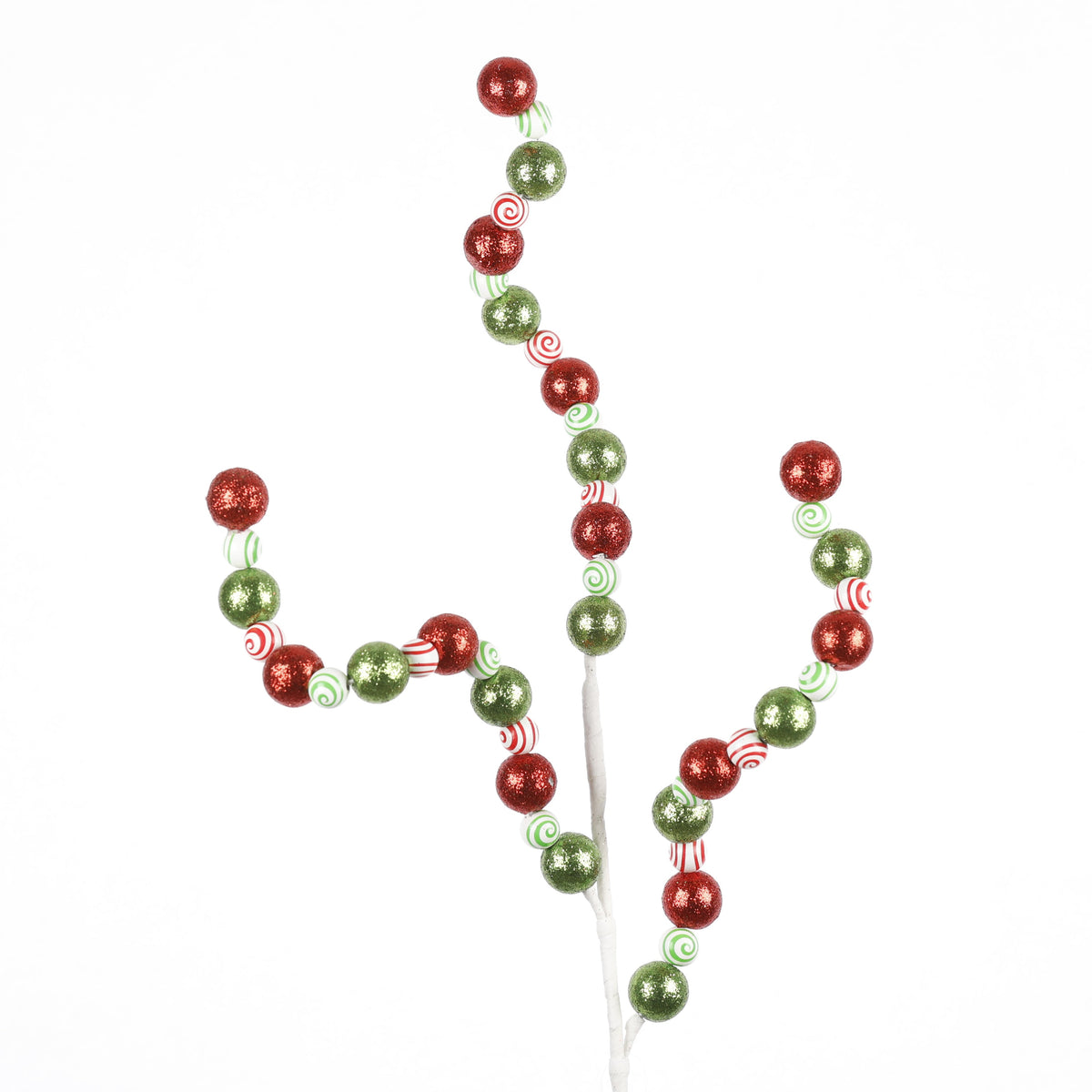 30.5" WHITE/GREEN/RED GLITTER BALL FLORAL STEM