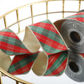 2.5"X 5 YD RED/GREEN/GOLD DUPION PLAID CHECKS WITH LT GOLD METALLIC DUPION BACK RIBBON