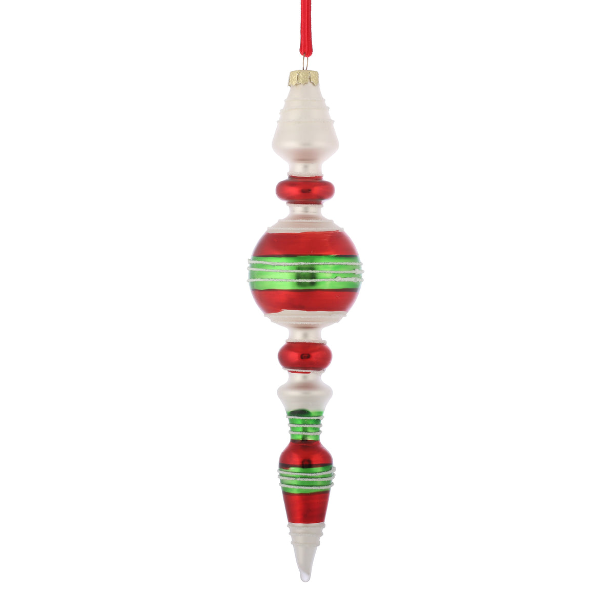 9.5 x 2", 11 x 1.8", 11 x 1.8"  GLASS FINIAL RED/GRN/WHT ORNAMENT