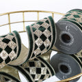 4"X 5 YD DARK GREEN VELVET WITH GOLD DIAMOND DUPION BACKED RIBBON