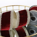 4"X 5 YD TRIM ON BURGUNDY VELVET WITH LIGHT GOLD METALLIC DUPION BACK RIBBON