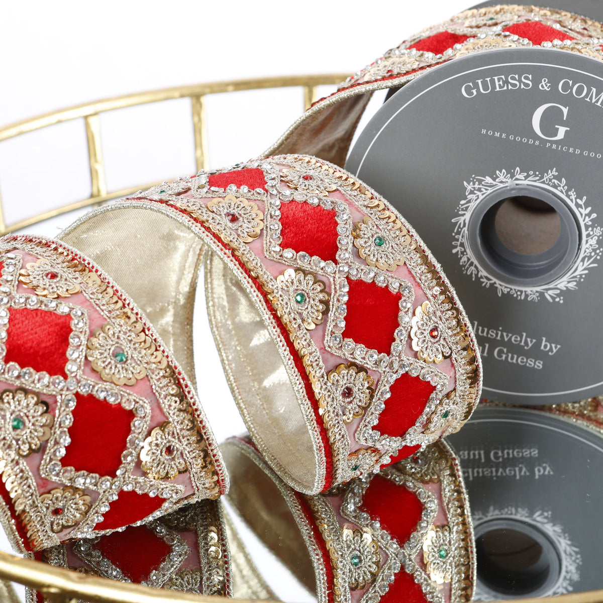 2.5" X 5 YD TRIM ON RED PLUSH VELVET WITH LIGHT GOLD METALLIC DUPION BACK RIBBON