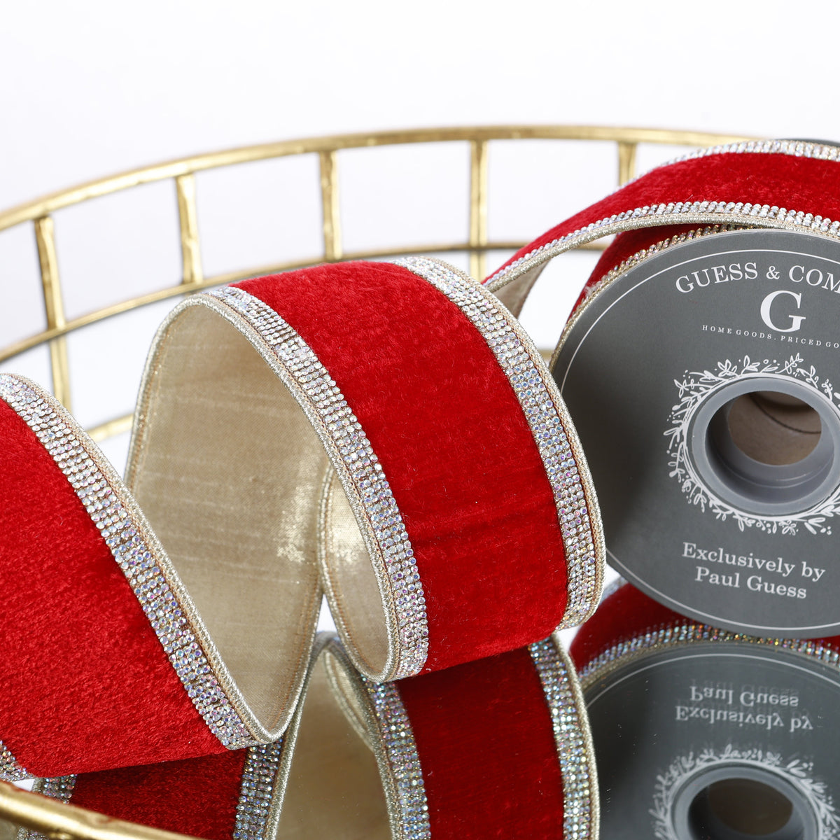 2.5" X 5 YDS RAINBOW TRIM ON RED VELVET WITH GOLD BACK AND GOLD EDGE RIBBON
