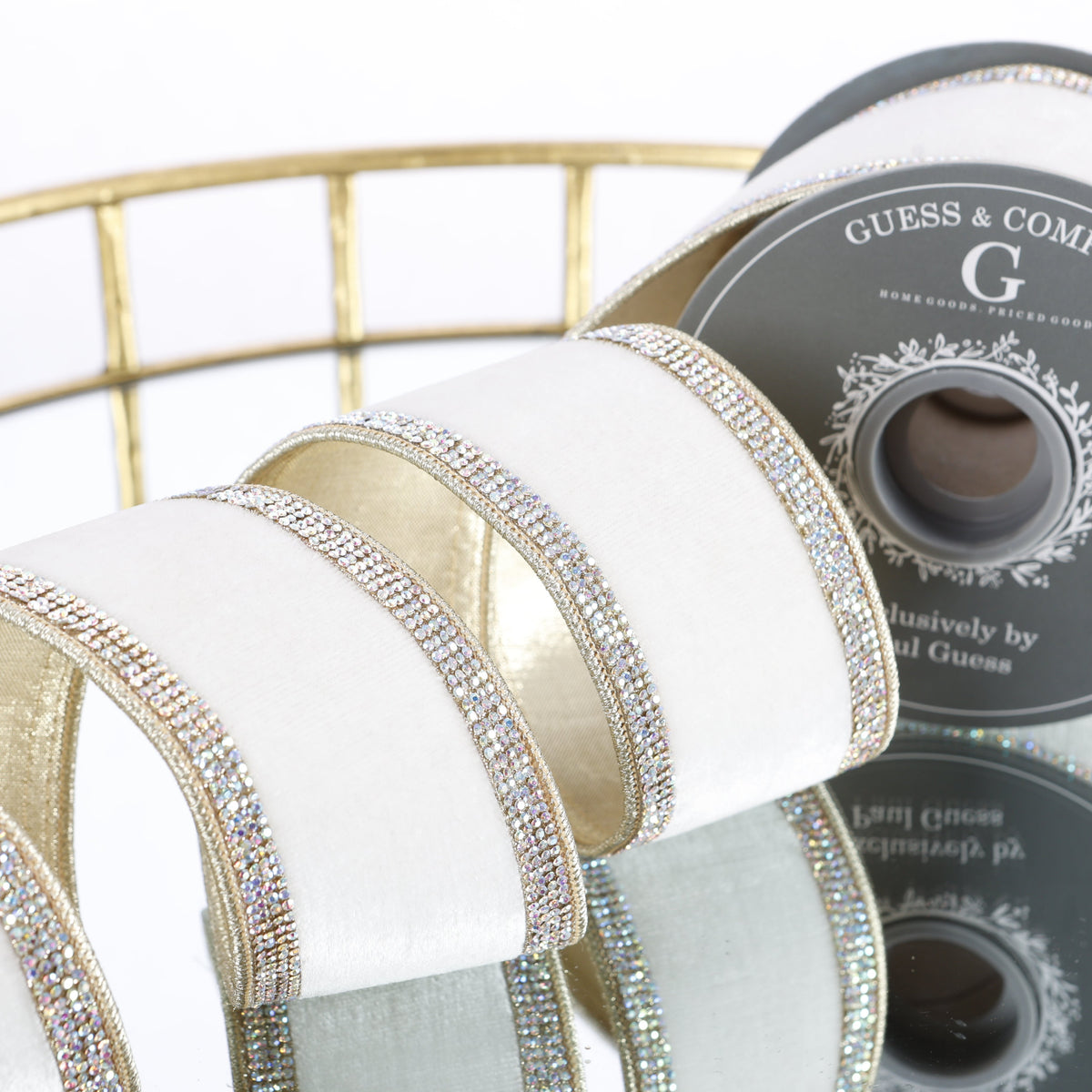 2.5" X 5 YD RAINBOW TRIM ON WHITE VELVET WITH GOLD BACK AND GOLD EDGE RIBBON