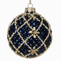 4" Diameter Navy Blue Glass Ball Ornament with Gold Beads