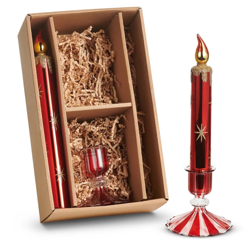 11" Box of Red Glass Candles and Holders