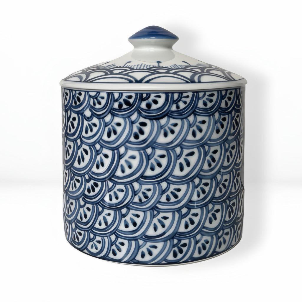 6" BLUE AND WHITE LIME WEDGES PORCELAIN CANDLE CANISTER WITH LID