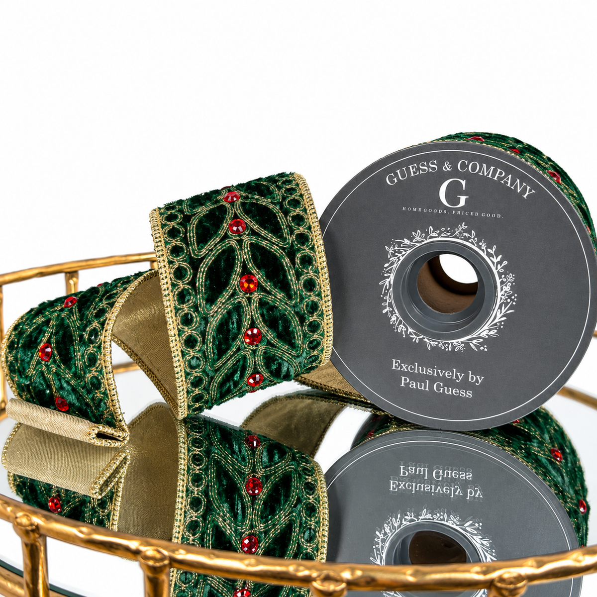 2.5"X5YD GREEN VEL W/GLD EMB ON GOLD DUP BACK RIBBON
