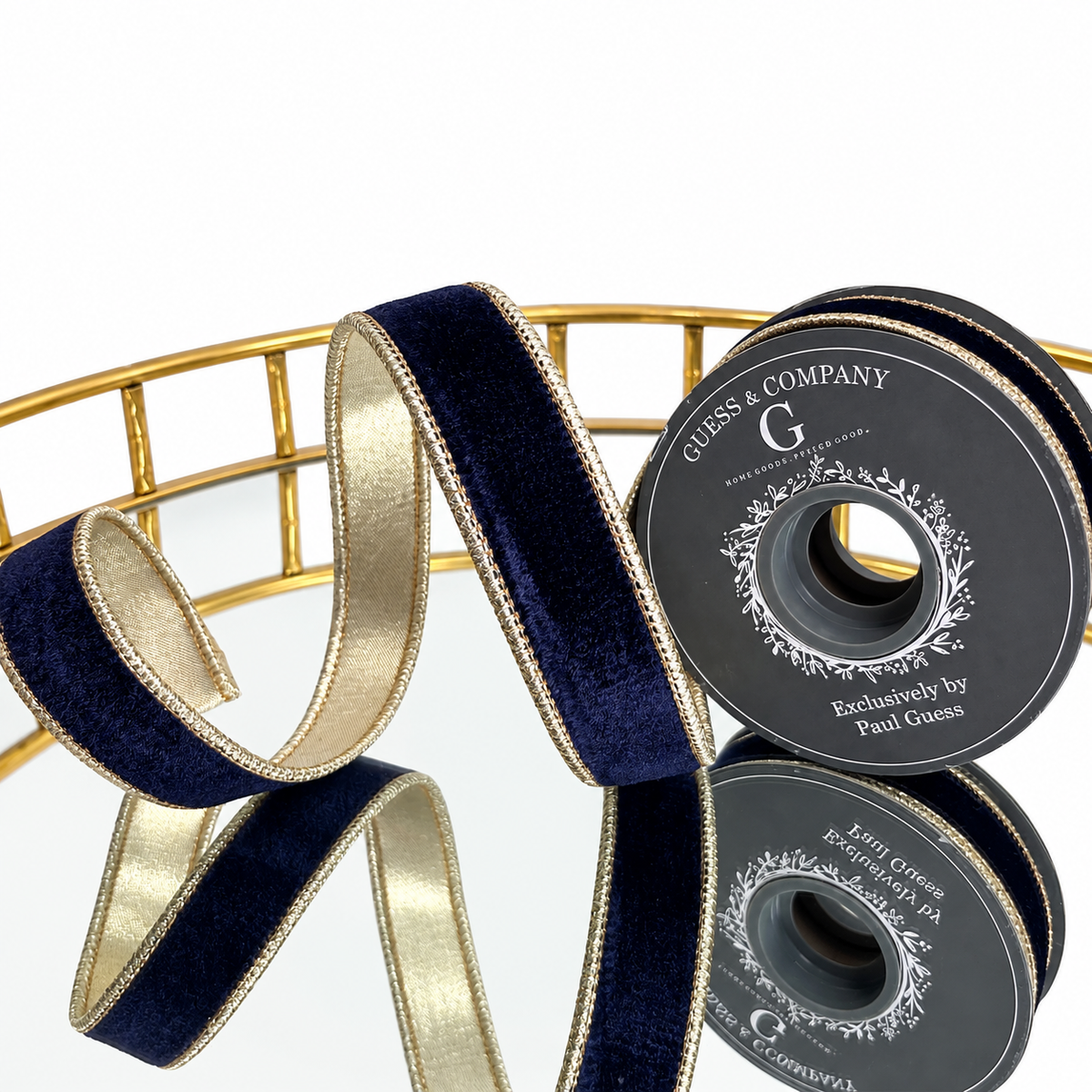 1" NAVY PLUSH VELVET WITH LT GOLD BACK RIBBON