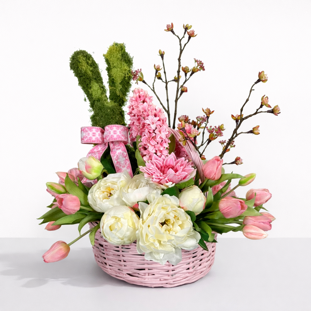 17" X 20" X 21"H PINK AND WHITE SPRING BASKET WITH MOSS RABBIT