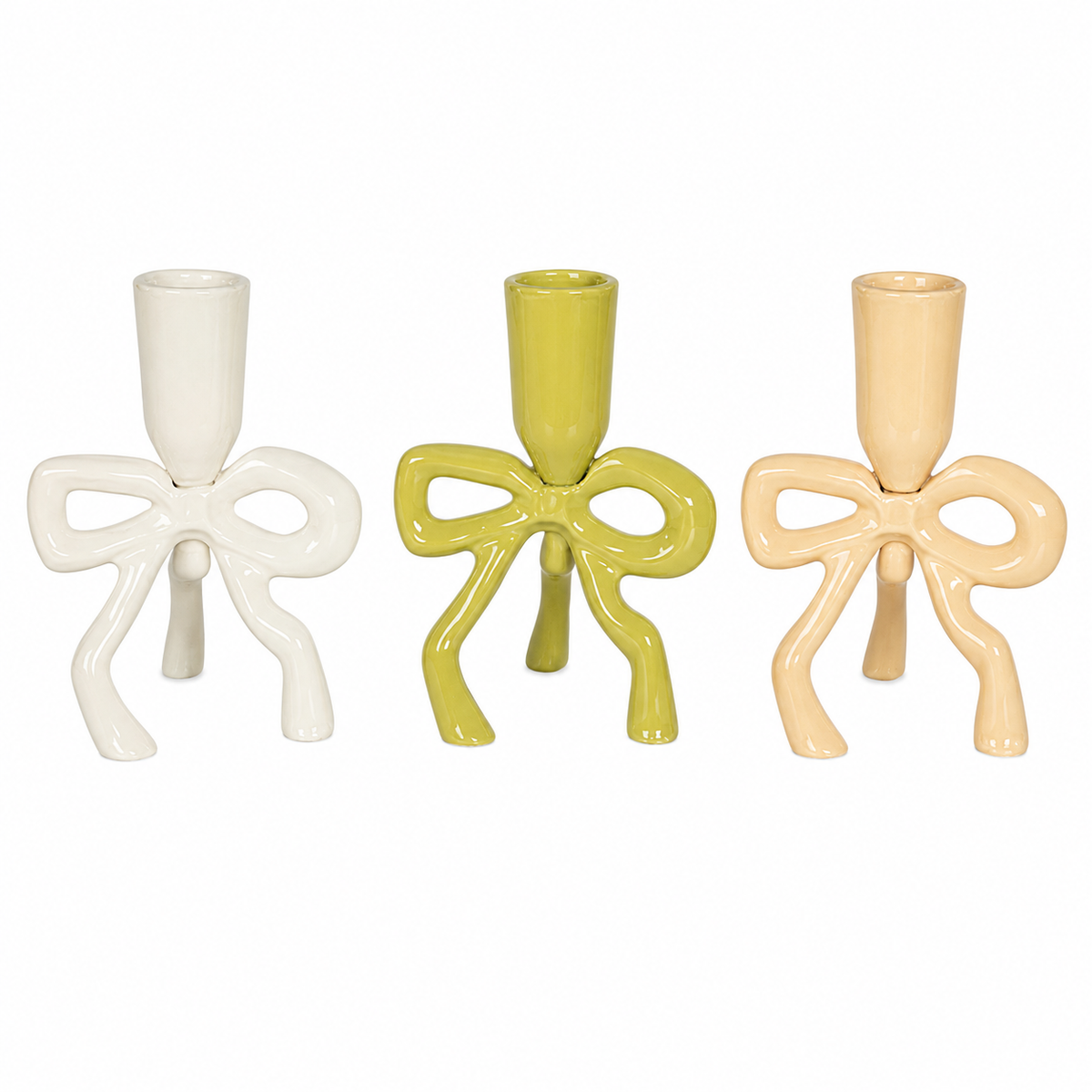 Enameled Cast Aluminum Taper Holder w Bow Shaped Base, BEIGE ONLY