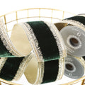 4"X 5 YD TRIM ON GREEN PLUSH VELVET WITH LIGHT GOLD METALLIC DUPION BACK