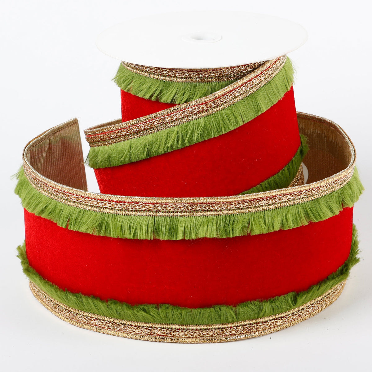 4" X 5 YDS RED VEL GREEN FRINGE DUP BACK RIBBON
