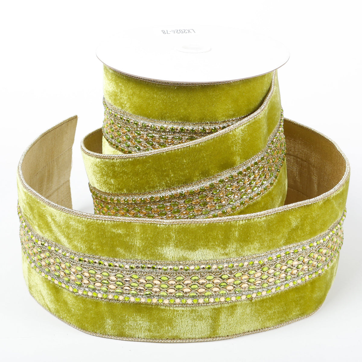 4" X 5 YDS LIME GREEN VELVET BEADED GOLD DUPION BACKED RIBBON