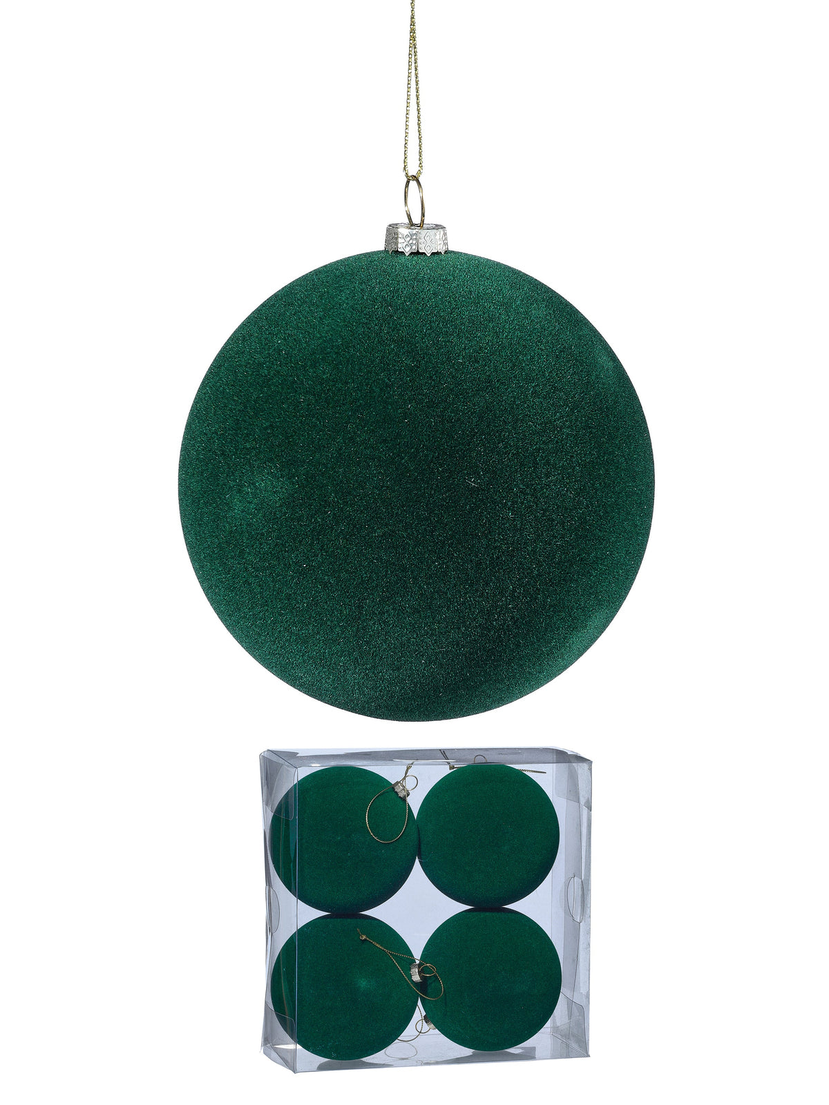 100MM PLSTC FLOCKED BALL ORNAMENT BOX/4-GRN
