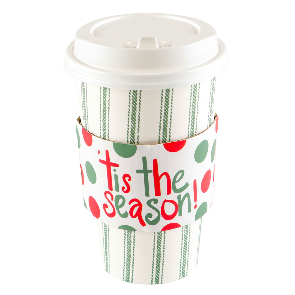 Set Of 8 Cups - Green Ticking With Red,Green Polka Dot Tis The Season Sleeve Hot/Cold Cups With Lids