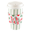 Set Of 8 Cups - Green Ticking With Red,Green Polka Dot Tis The Season Sleeve Hot/Cold Cups With Lids
