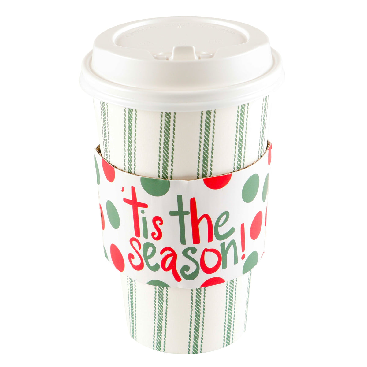 Set Of 8 Cups - Green Ticking With Red,Green Polka Dot Tis The Season Sleeve Hot/Cold Cups With Lids
